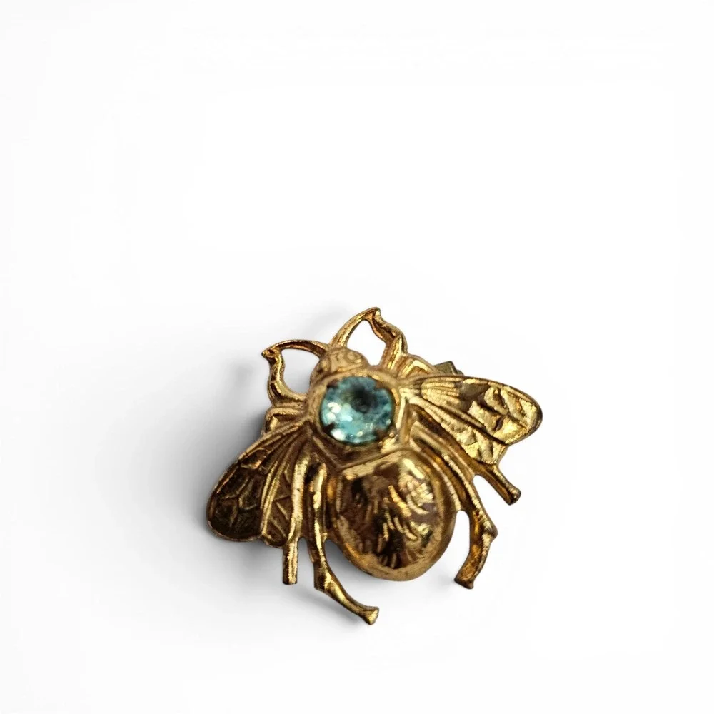 Vintage Midcentury Gold Tone Bumble Bee Brooch Blue Rhinestone Insect Pin Small